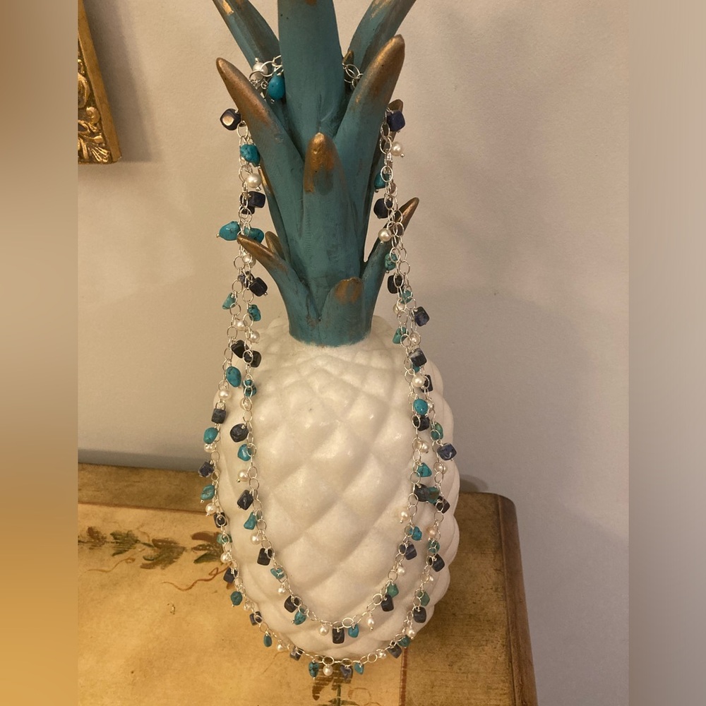 Genuine Turquoise, Pearl & Sodalite Charms of Beauty Sterling 60” Neckla…
